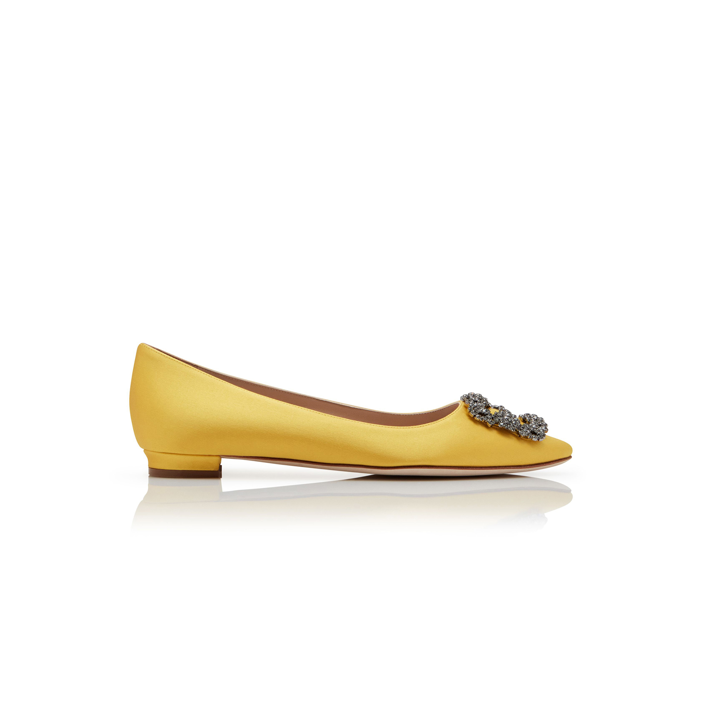 MANOLO BLAHNIK HANGISIFLAT YELLOW SATIN JEWEL BUCKLE FLAT PUMPS 9XX-0348-0048 MANOLO BLAHNIK HANGISIFLAT YELLOW SATIN JEWEL BUCKLE FLAT PUMPS 9XX-0348-0048